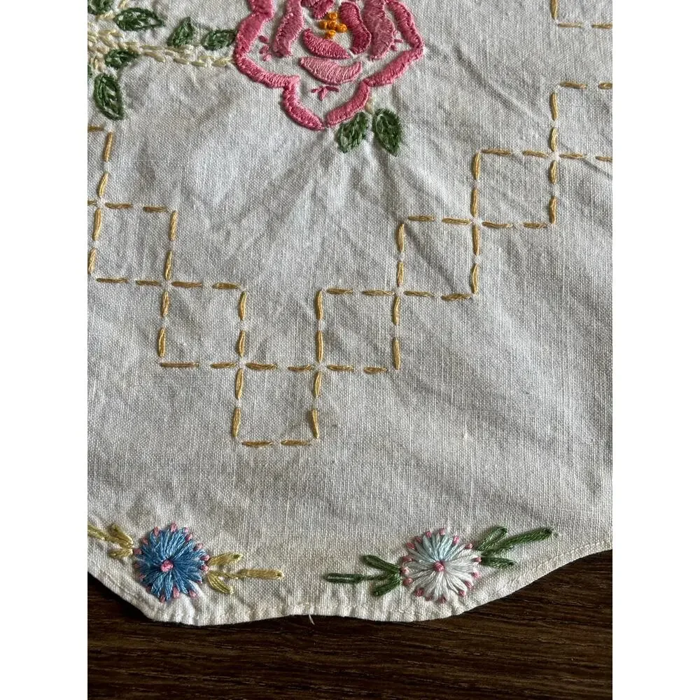 Antique Floral Embroidery Table Runner 16x39 White Cotton Rainbow Boho Scalloped